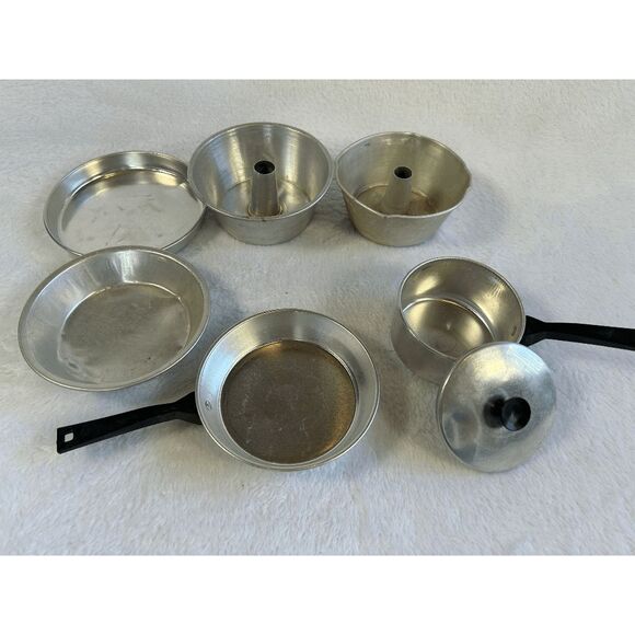Vintage Aluminum Child Child\'s Vintage Metal Pots & Pans Play Miniature Dish Set Plates, Pots, Pans